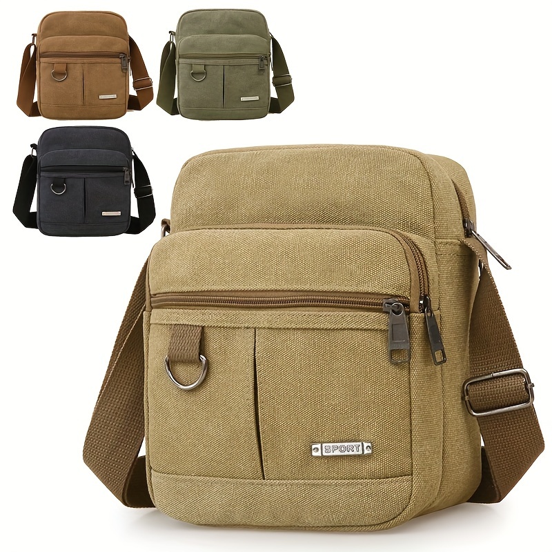 

Men's Solid Color Casual Canvas Sling Bag, Multi-layer Satchel Bag For Vacation & Outdoors Activities & Daily Commute