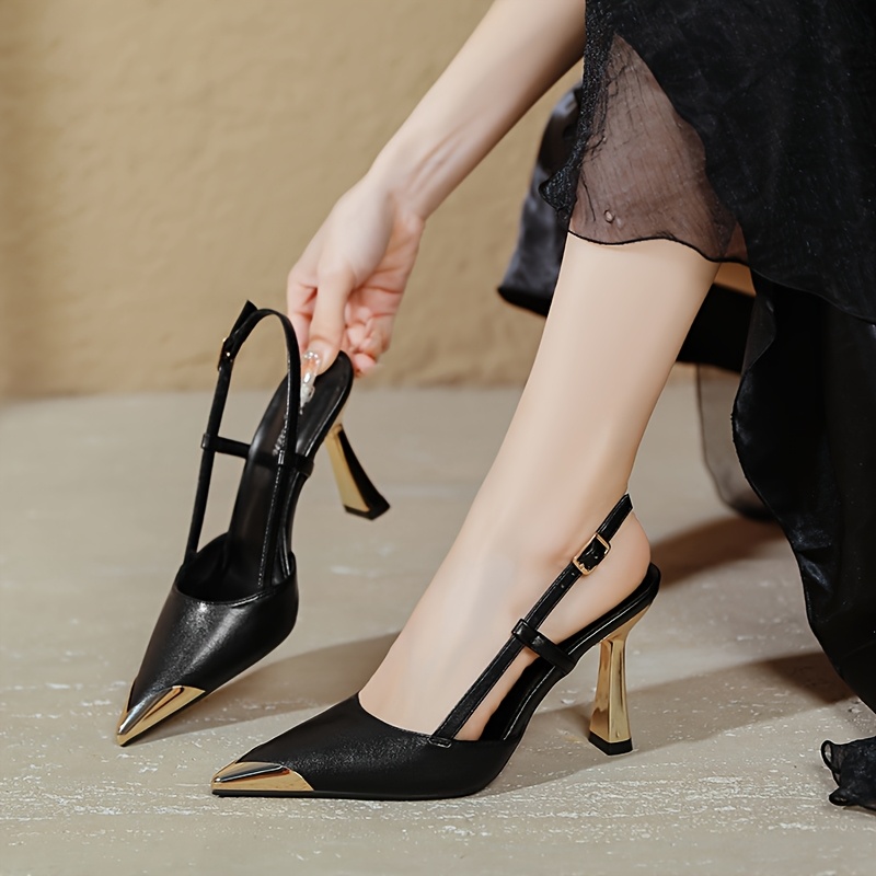 elegant women's pointed toe high heels with metallic accents and back strap, ultra high 9cm stiletto for spring/summer breathable synthetic cover, strappy back design, rubber sole, perfect for formal evenings