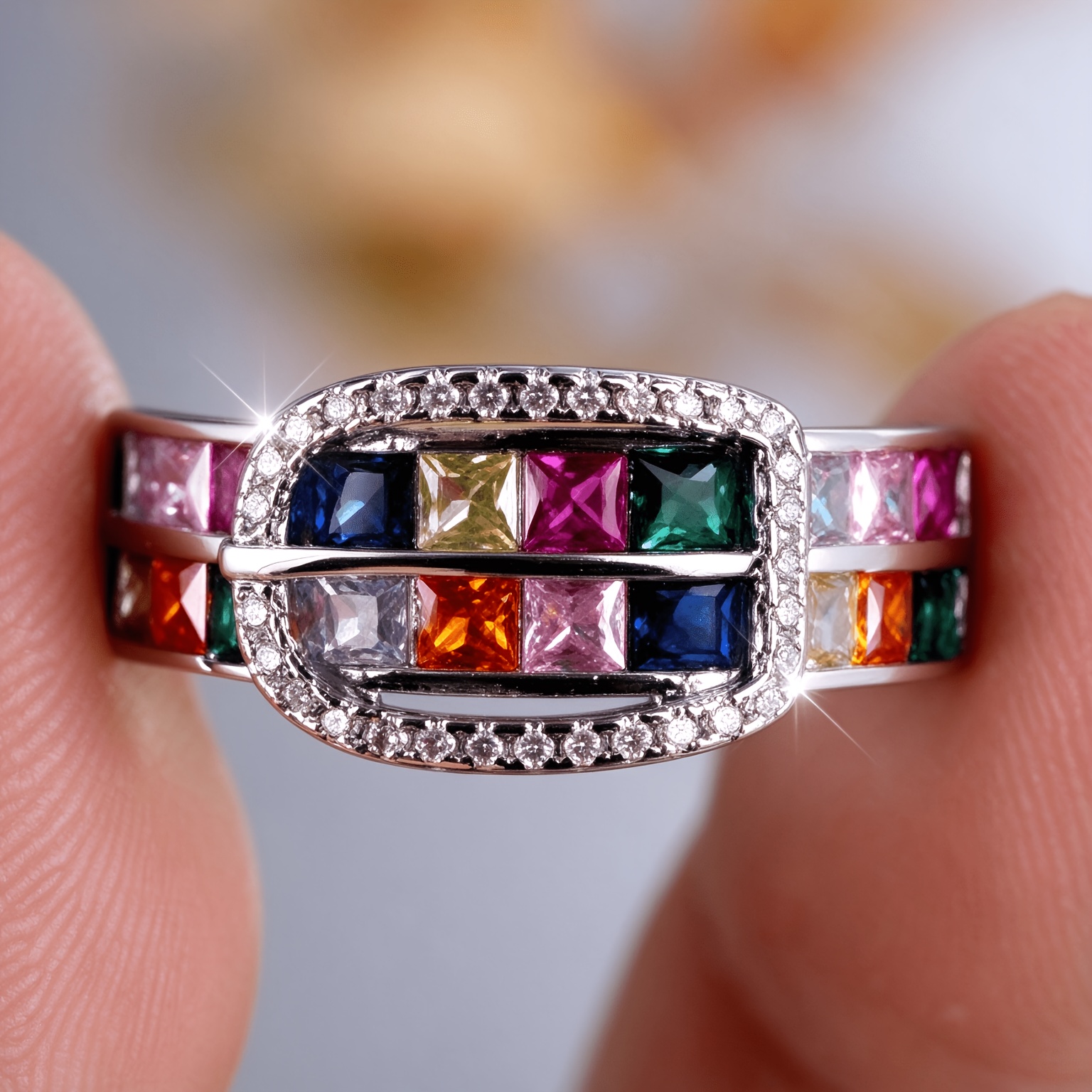 Women's Exquisite Rectangular Colored Wedding Ring, Multi-Color Zirconia