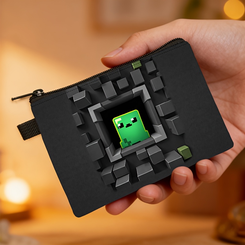 TEMU 1pc Pixel Coin Purse, Green Creeper Wall Design, Cute Gaming Accessory Clutch Bag