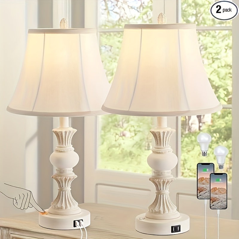 

Table Lamp Set Of 2, 3-way Dimmable Bedside Lamp With 2 Usb Charging , French Country Style Nightstand Lamps With Faux Silk Shade For Living Room, Bedroom - Antique White, Suitable For And Christmas