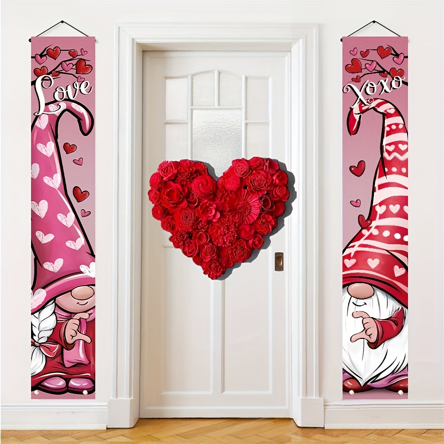 

Valentine's Day Gnome Porch Banners - Love & Anniversary Themed Front Door Signs, Polyester Wall Hangings For Party Decorations