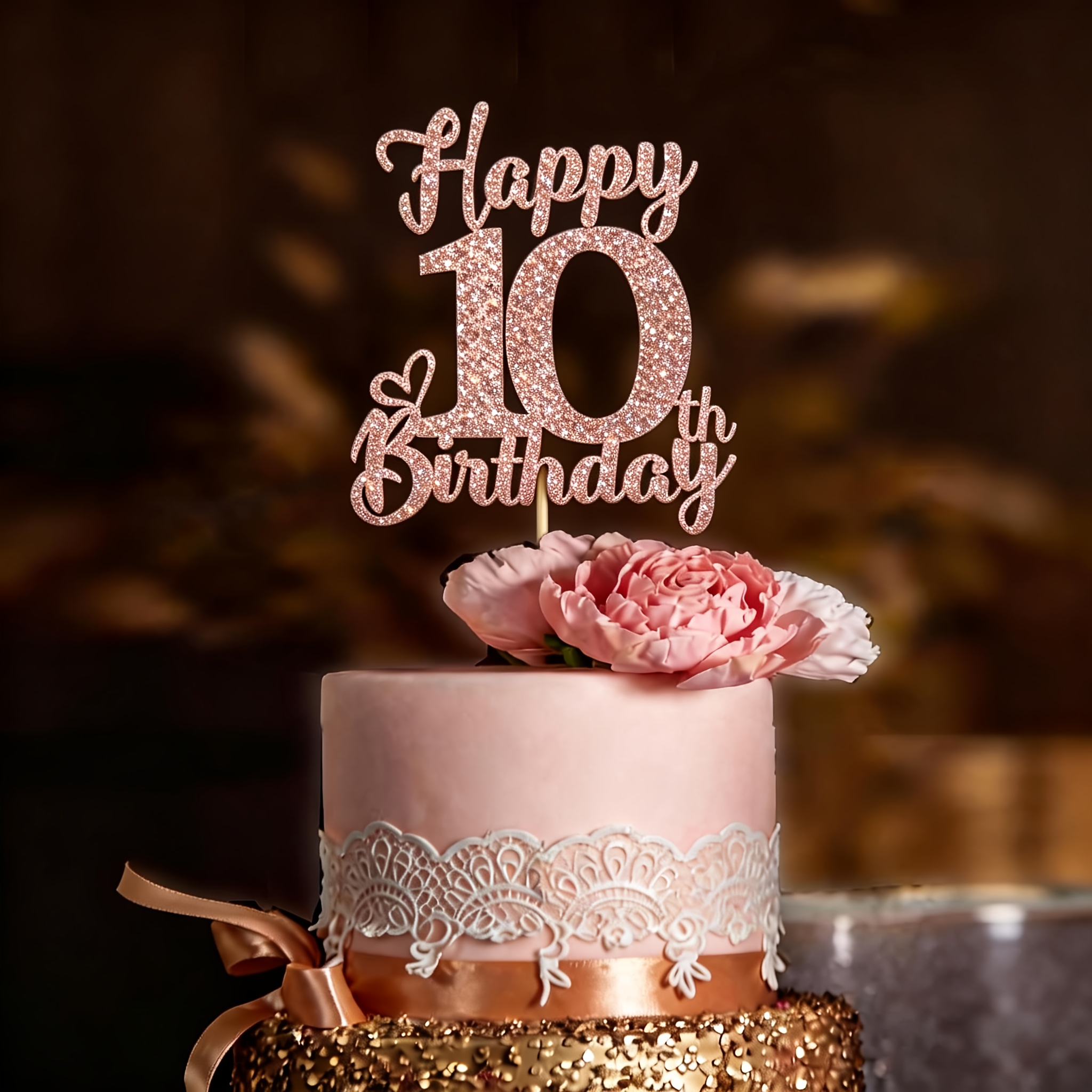 Image of 1pc Rose Golden Glitter 10th Birthday Cake Topper Ten Cake Decor For Birthday New Year Easter Mothers Day Graduation Anniversary Party Women Men Girls Kids Celebration Elegant Table Centerpiece
