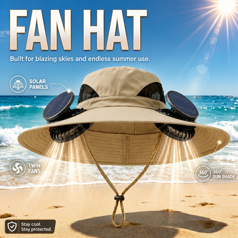 TEMU 2pcs - Wide Brim Fan Hat, Solar Outdoor Sun Hat, Adjustable Straps, Comfortable And Breathable, Suitable For Men Women, Fishing - Travel And