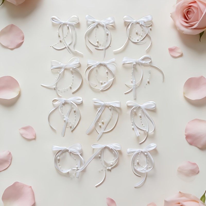 12pcs Elegant Sheer Organza Pearl Bows For Wedding Favors, Mini Ribbon Bowknots For Invitation Cards, Bridal Shower Gifts, Wine Glass Decor, Valentine's Day & Guest Book&halloween, School