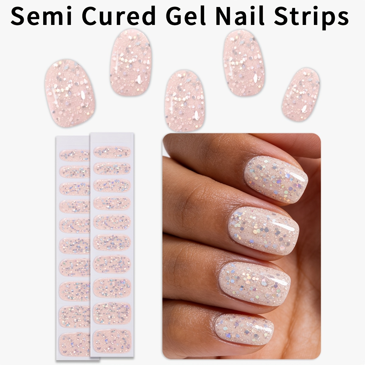 20pcs Spring/summer Nude Pink Luxury-style Semi-cured Gel Nail Strips, Laser Glitter Gel Nail Wraps, Salon-quality, Easy Application Perfect For Women', Date, Casual, Or Home Diy .