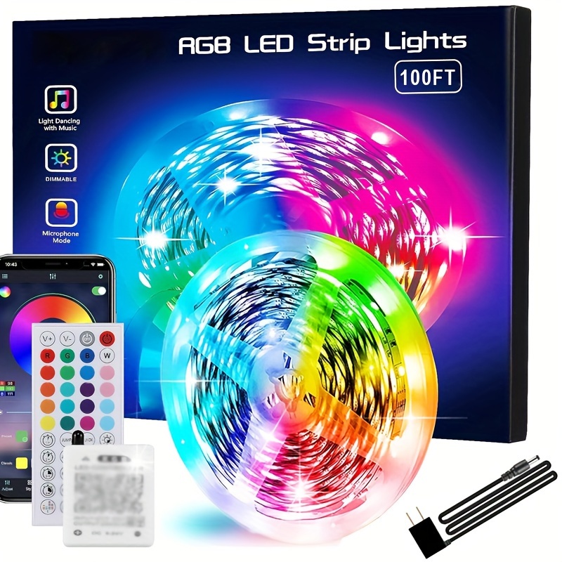 

100ft Led Lights For Bedroom, Rope Lights, Music Color Changing Led Strip Lights With App And 44 Keys Remote Control, Rgb Led Light Strips For Party Christmas Kitchen Room Decor