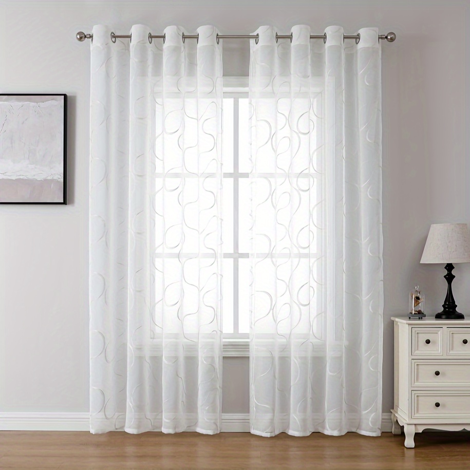 

Elegant White Sheer Curtains With Embroidered Trellis Design - Grommet Top, Rod Pocket Tulle For Living Room & Bedroom Decor