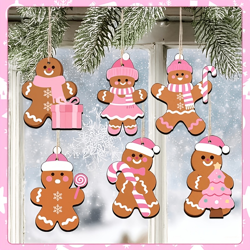 TEMU 12pcs Wooden Pink Gingerbread Ornament Set, Christmas Tree Decorations, Christmas And New Year Hanging Decorations