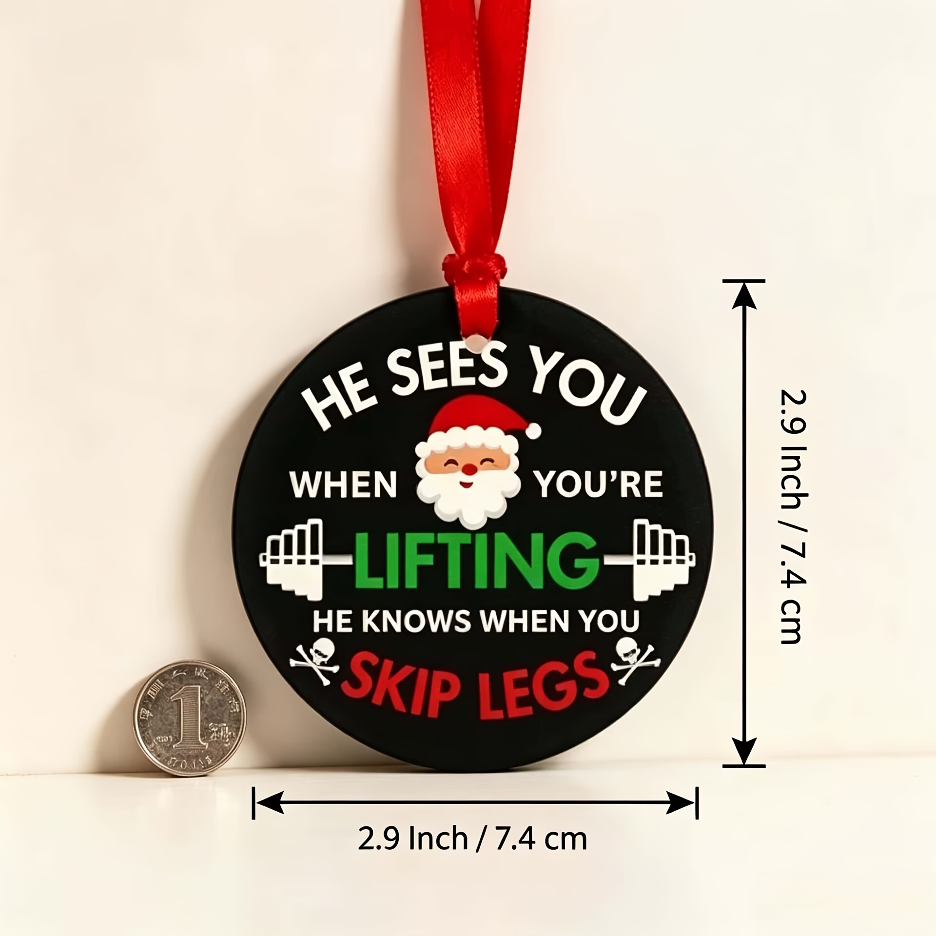 TEMU 2d Flat, 2d Flat Fitness Christmas Wooden Hanging Ornament, Fun Weightlifting Humorous Slogan Round Pendant, Christmas Tree Decoration, Creative