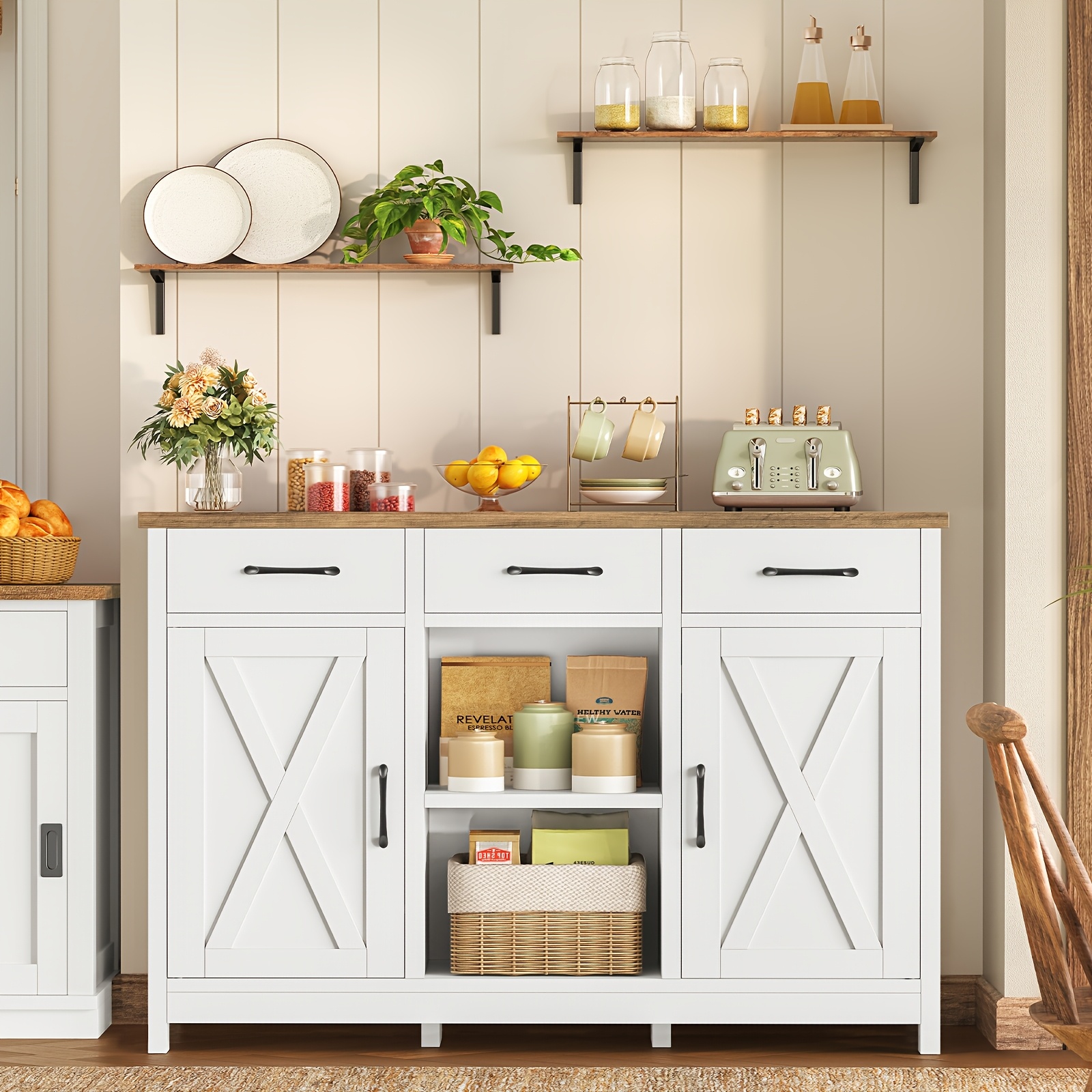 Farmhouse Kitchen Cabinet With Barn Doors, Buffet Storage With 3 Drawers, 1 Open Shelves & 2 Cabinets For Dining Room
