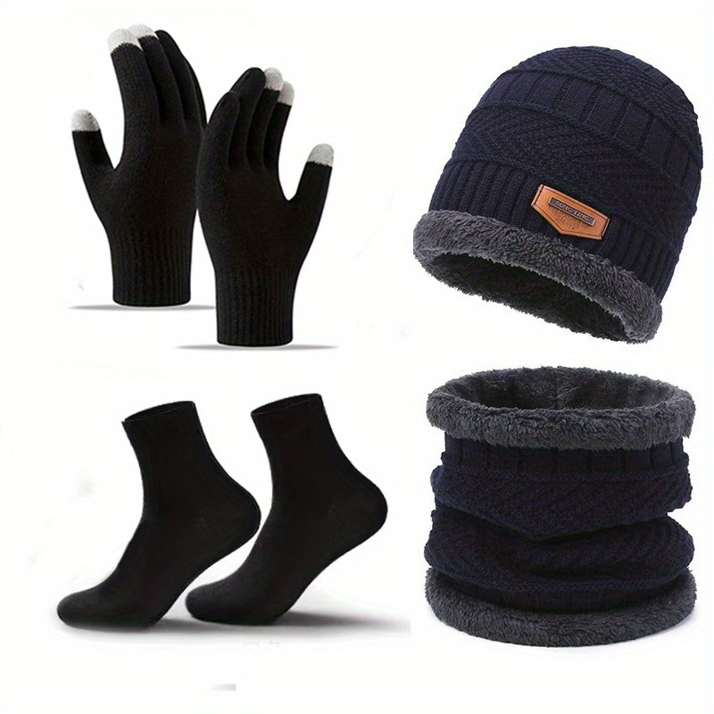 TEMU Suit Hat Men's Winter Scarf, Gloves, Socks, Four-piece Scarf, Neck Scarf, Warm Winter Sky Knit Hat