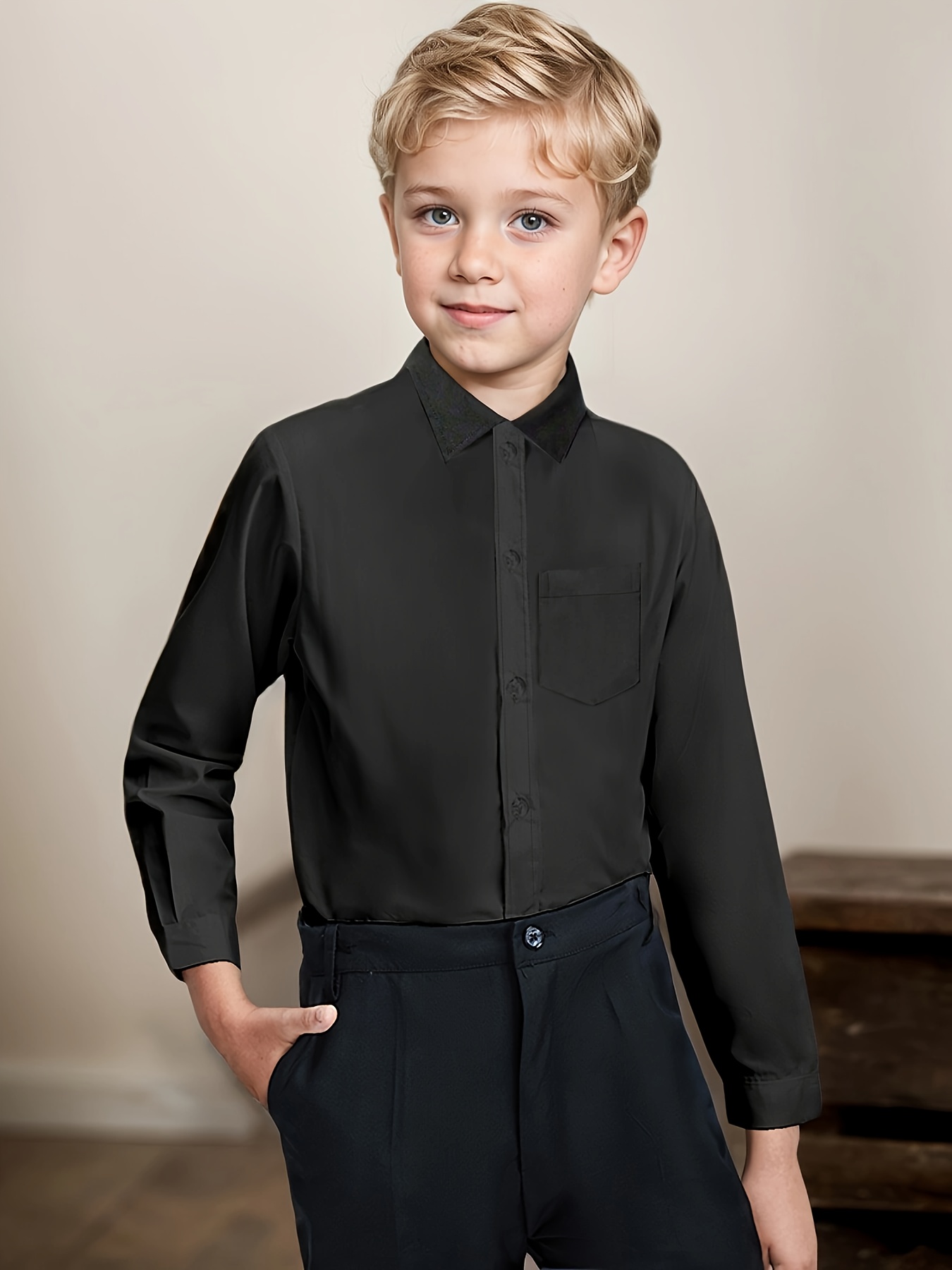 boys' fit black pocket shirt long sleeve button casual Temu Bahrain
