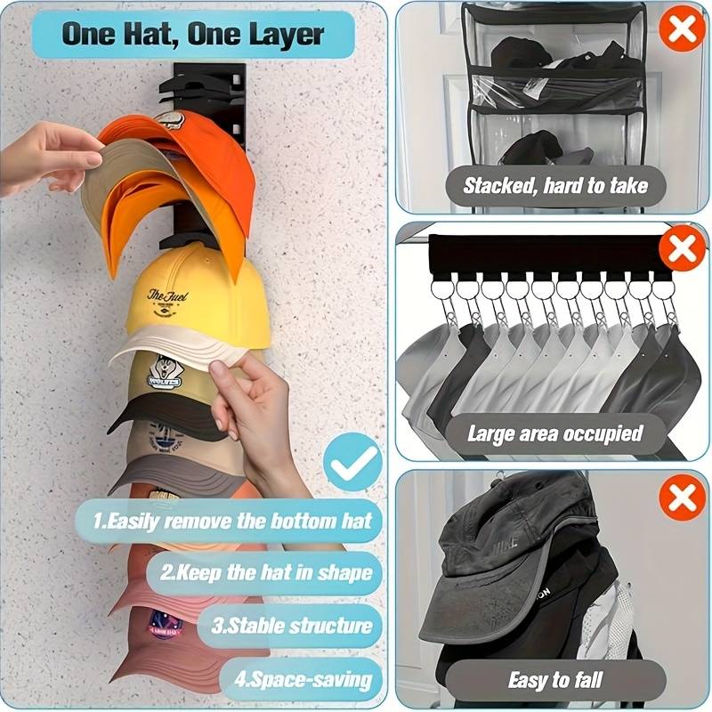 Porte-chapeaux Autocollant Mural (lot De 2) - Sans Perçage, Pour Jusqu'à 20 Casquettes, Design Gain De Place