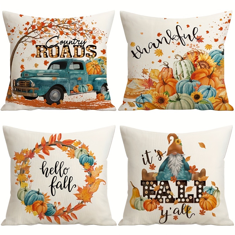 

4-piece Vintage Truck & Gnome Autumn Throw Pillow Covers, 18x18 Inch - Linen Blend, Zip Closure, Machine Washable For Sofa & Home Decor