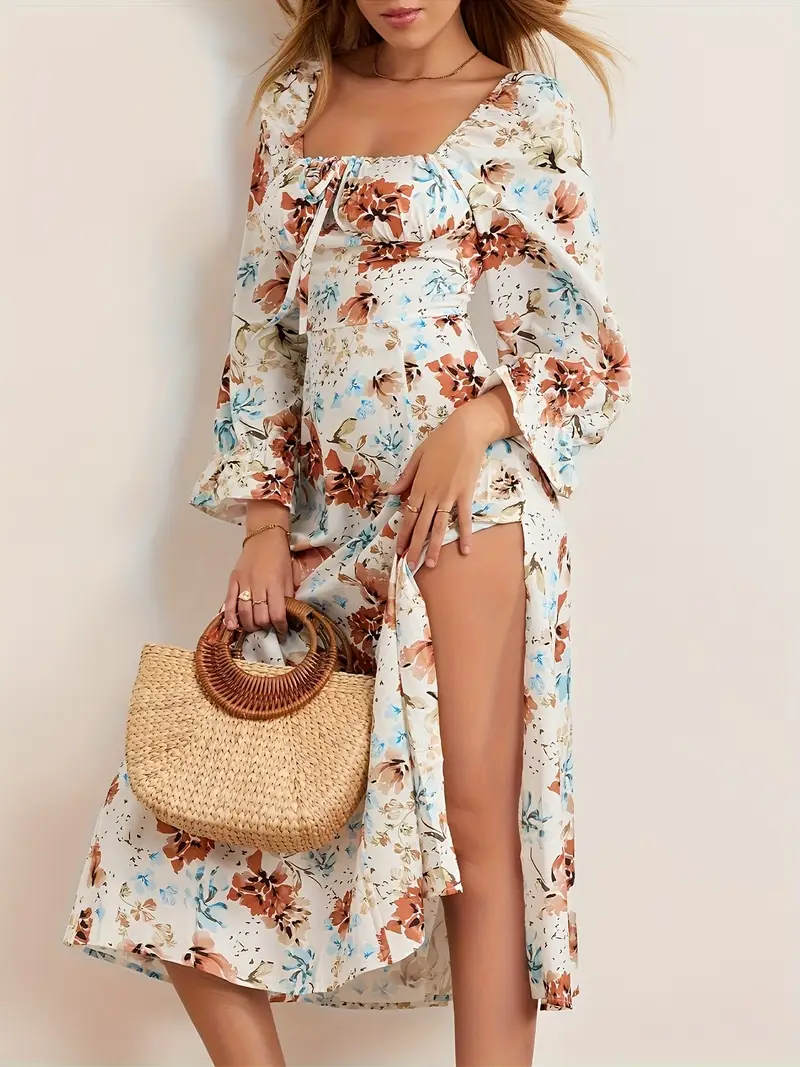 Women Long Dress, Long Sleeve Square Neck * Floral Dress Slit Dress Fall Swing Dress Women Long Dress, Long Sleeve Square Neck * Floral Dress Slit Dress Fall Swing Dress