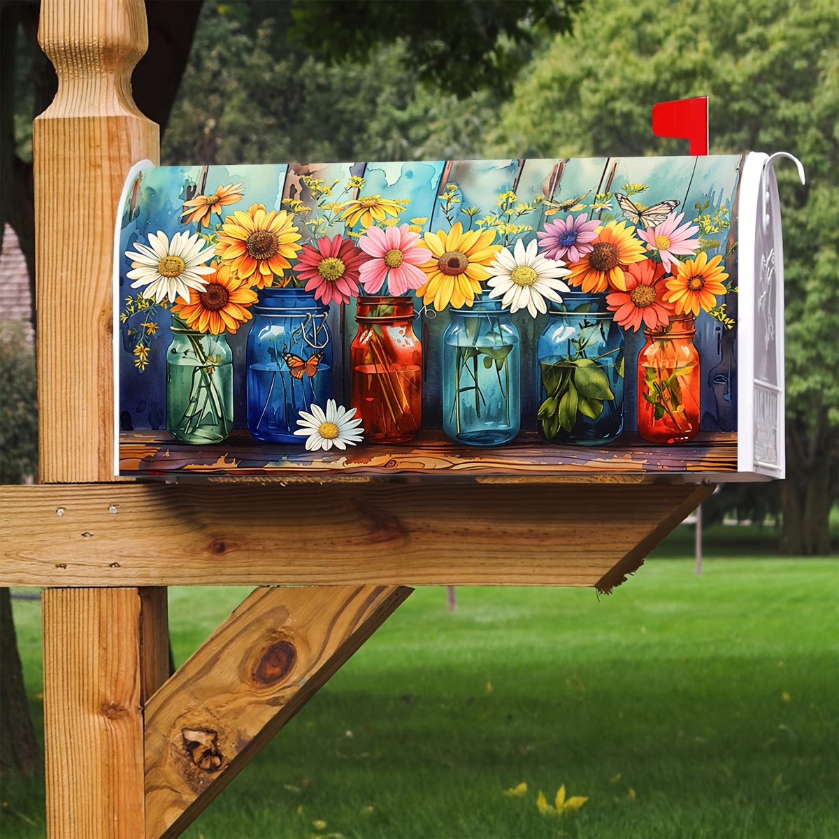 

Charming Spring Floral Mailbox Cover - Rustic Blue, Standard Size 18"x21", Perfect For Garden & Yard Decor