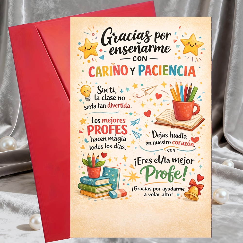 TEMU Tarjeta de Felicitación 1 Sobrecarta Tarjeta de Agradecimiento al Maestro con Mensaje de Amor y Diseño Español Mejor Regalo para Maestro para