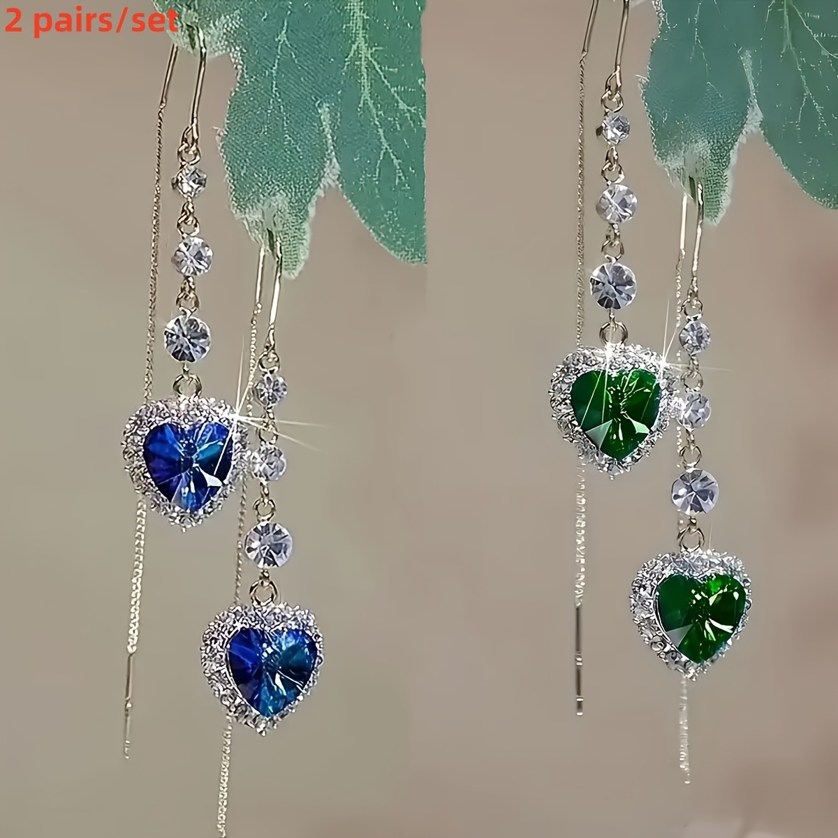 TEMU Of And Luxurious Heart-shaped Blue/green Artificial Crystal Pendant Tassel Earrings, With Sparkling , Suitable For Women To Wear On Any , Making Ideal Valentine's Day Gifts