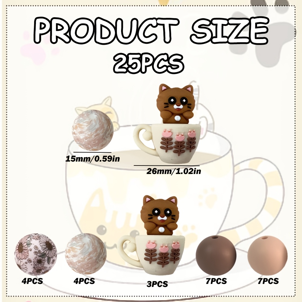 TEMU Kit de perles en silicone "Chat à gobelet" - 25 pièces - Un kit d'artisanat polyvalent comprenant des perles rondes en silicone de 15 mm avec de