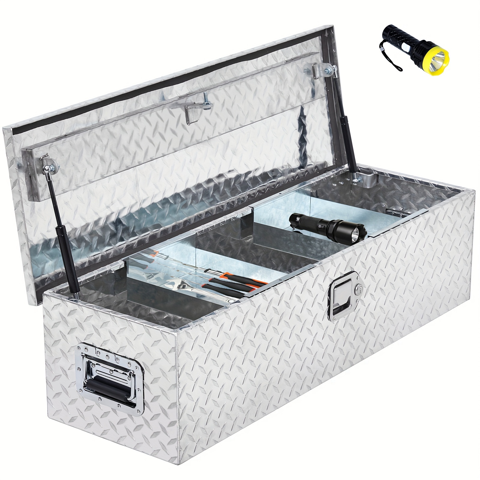 

39 Inch Truck Bed Tool Box Heavy Duty Aluminum With Sliding Shelf, Diamond Plate Toolbox For Pick Up Truck Rv Trailer, Trailer Toolbox Storage With Side Handle, Lock And Keys