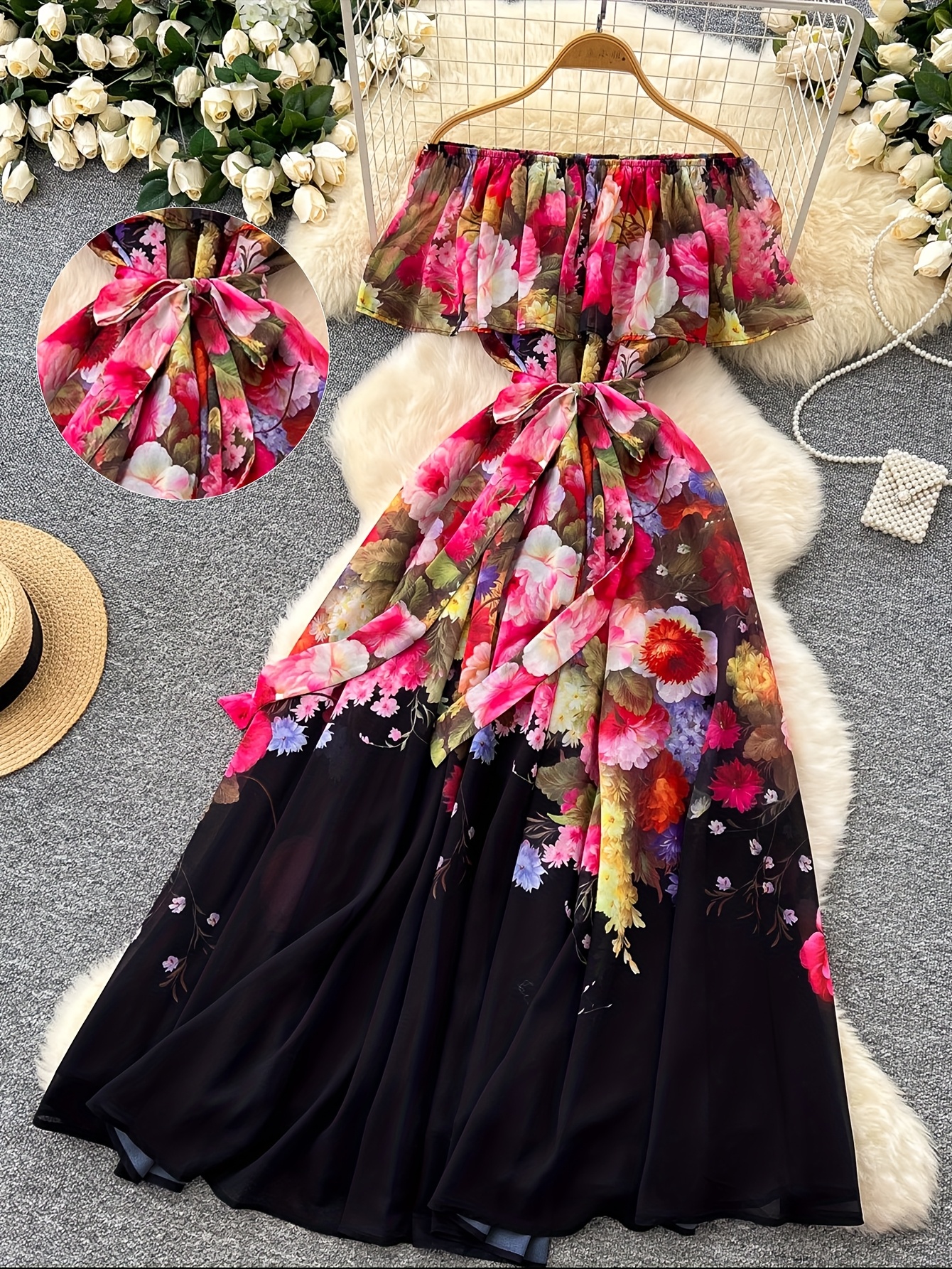 Women's Bohemian Off-Shoulder Long Dress with Floral Print Bow Tie Waist  Lightweight A-Line Summer Dress, Machine Washable for Casual Formal Eve