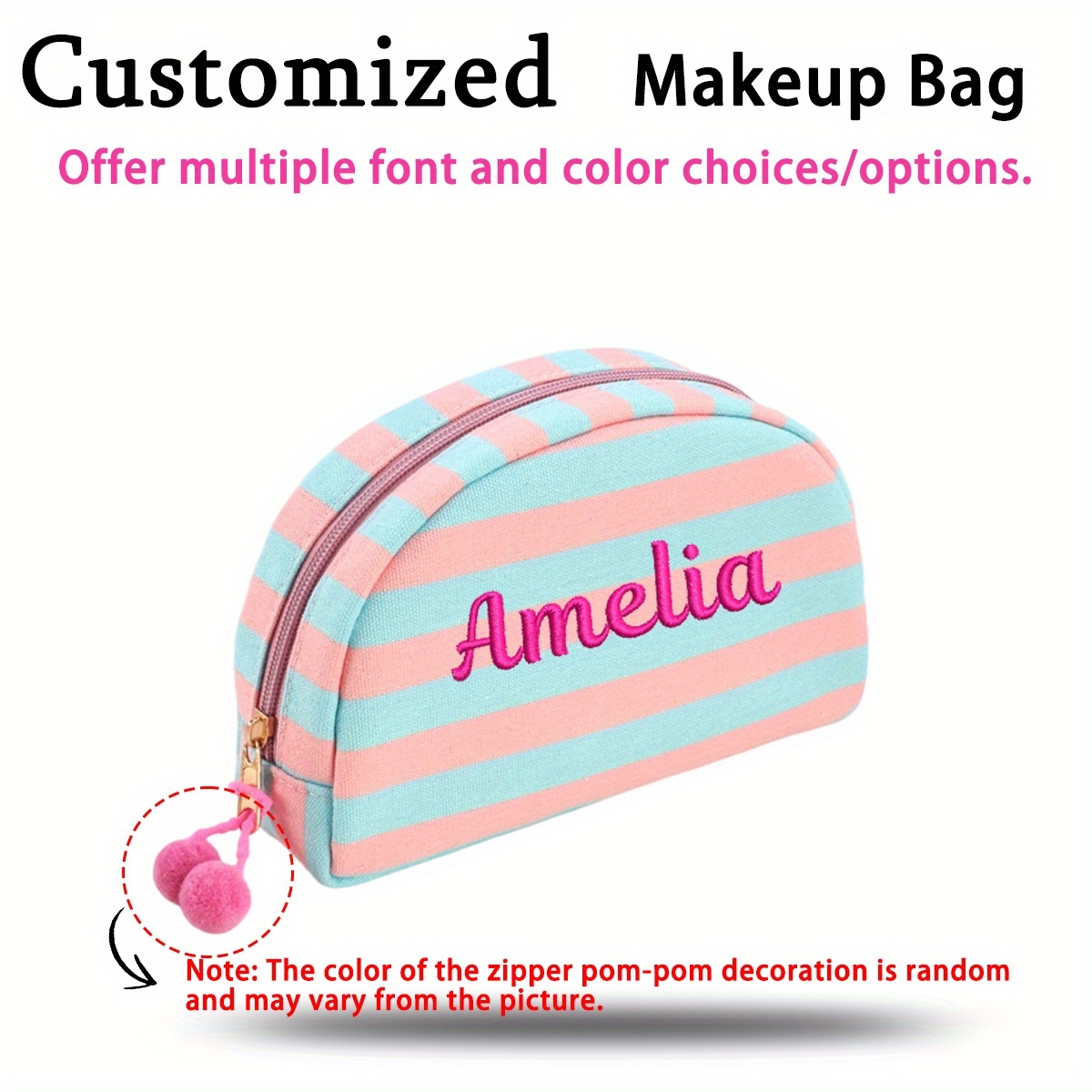 1 Customizable Bag With Text, Add Your , Embroidered , Multiple Colors , Custom Striped Makeup Pouch, Personalized Toiletry Bag, Print Placement Is Random