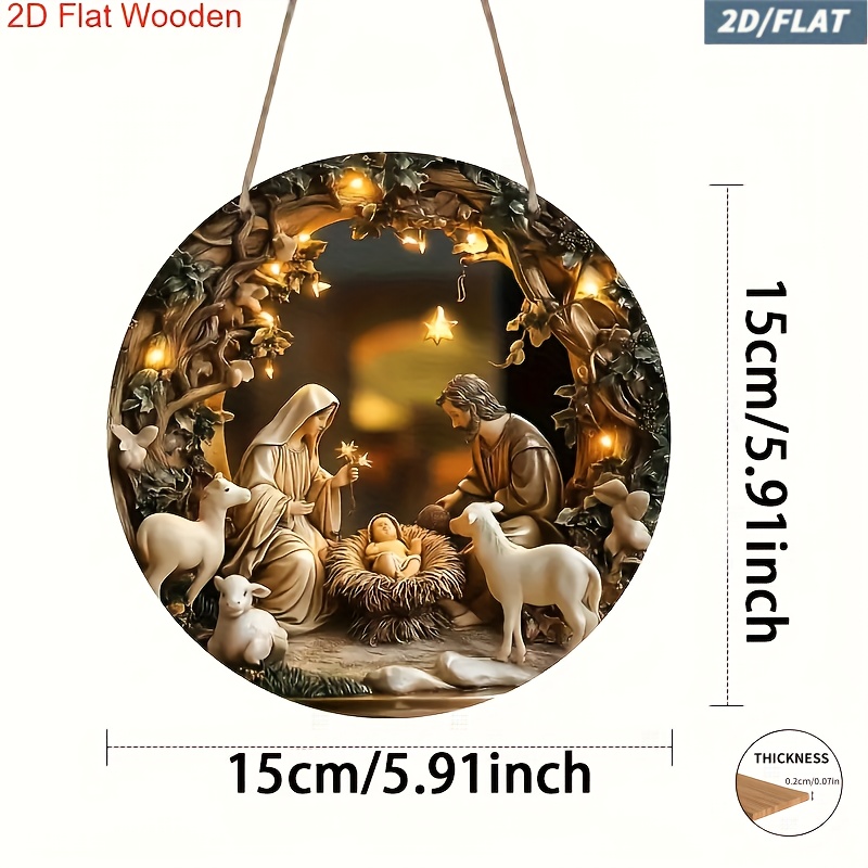TEMU 2d Flat 1pc 2d Plane Christmas Manger Scene Wooden Hanging Sign Round Design Church Wall Door Decoration Christian Christmas Gift 2d Plane