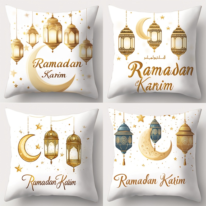 

4-pack Ramadan Themed Pillow Covers, 17.72 X 17.72 Inch, Contemporary Style, & Stars Lantern Print, Machine Washable, Zipper Closure, Woven Polyester, Decorative Cushion Cases For Living Room Sofa