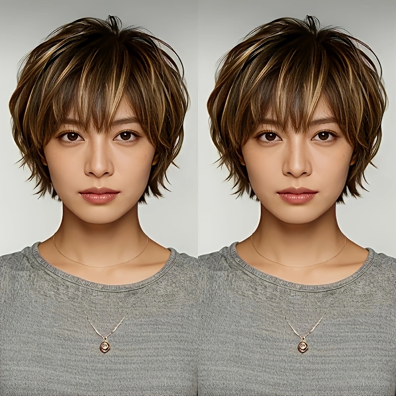 TEMU New Arrival Women's Short Straight Wig With Bangs, Trendy Highlighted Style. Daily , Parties, Gatherings, Halloween, Formal Occasions, And Music