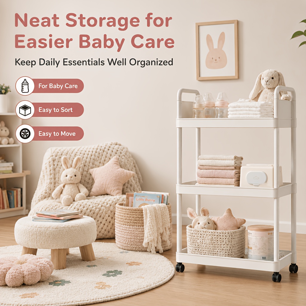 4-Tier Household Portable Floor Standing Nursing Cart with Handles, Storage Cart, Adjustable Multi-Level Changing Stand for Diapers, Bottles, And More