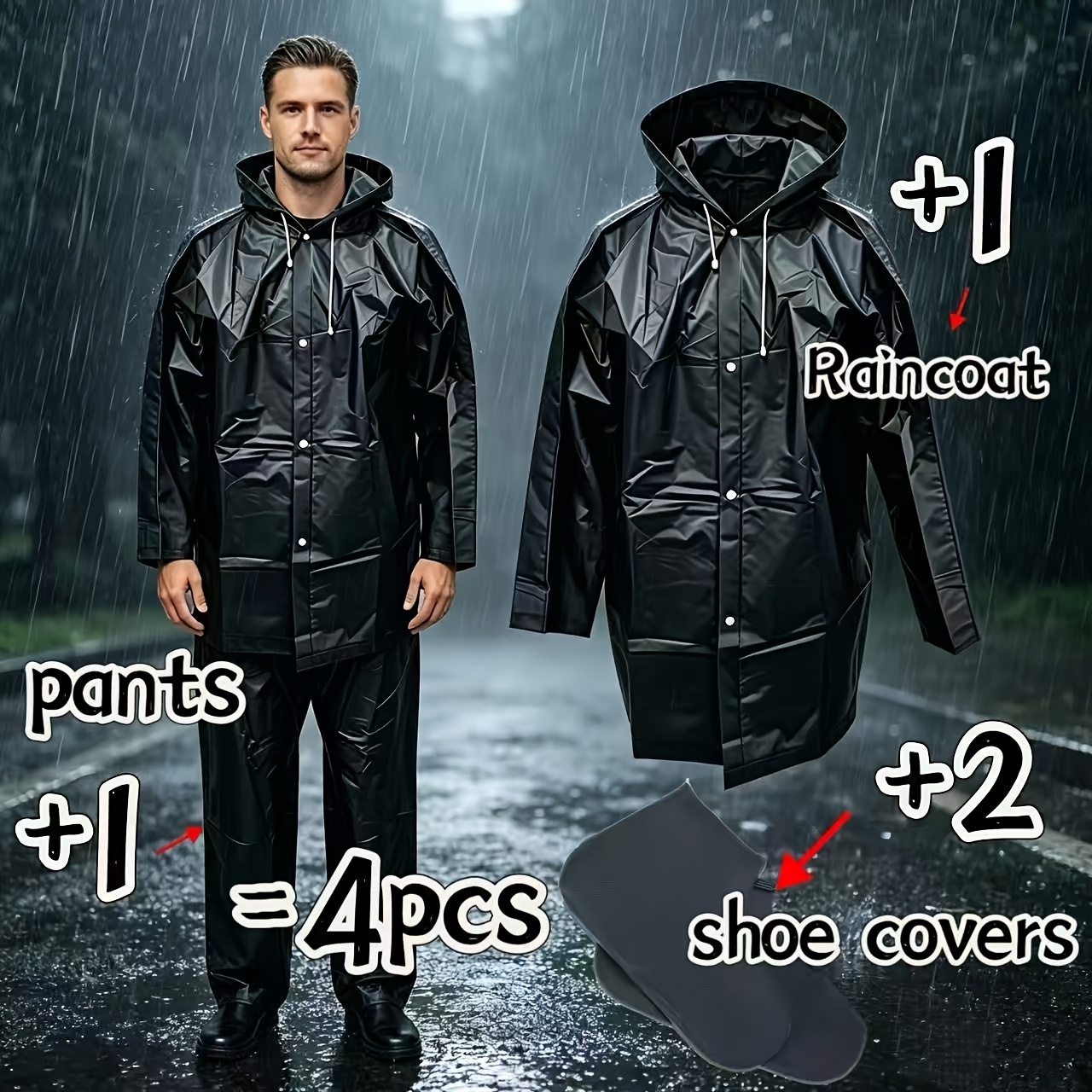 TEMU 4pcs/6pcs Rain Gear Sets - Waterproof Hooded Coat And Pants With Reusable Shoe Covers, Unisex, , Separable Rainwear And Shoe Covers - Windproof