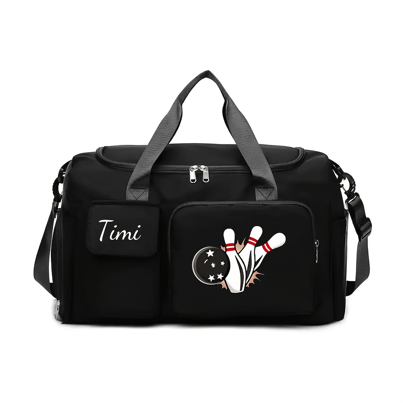 TEMU A Black Travel Bag/luggage Customized With Names, Numbers, Dates, And Other Text. It Features Multiple Pockets For Storage And A Bowling Ball