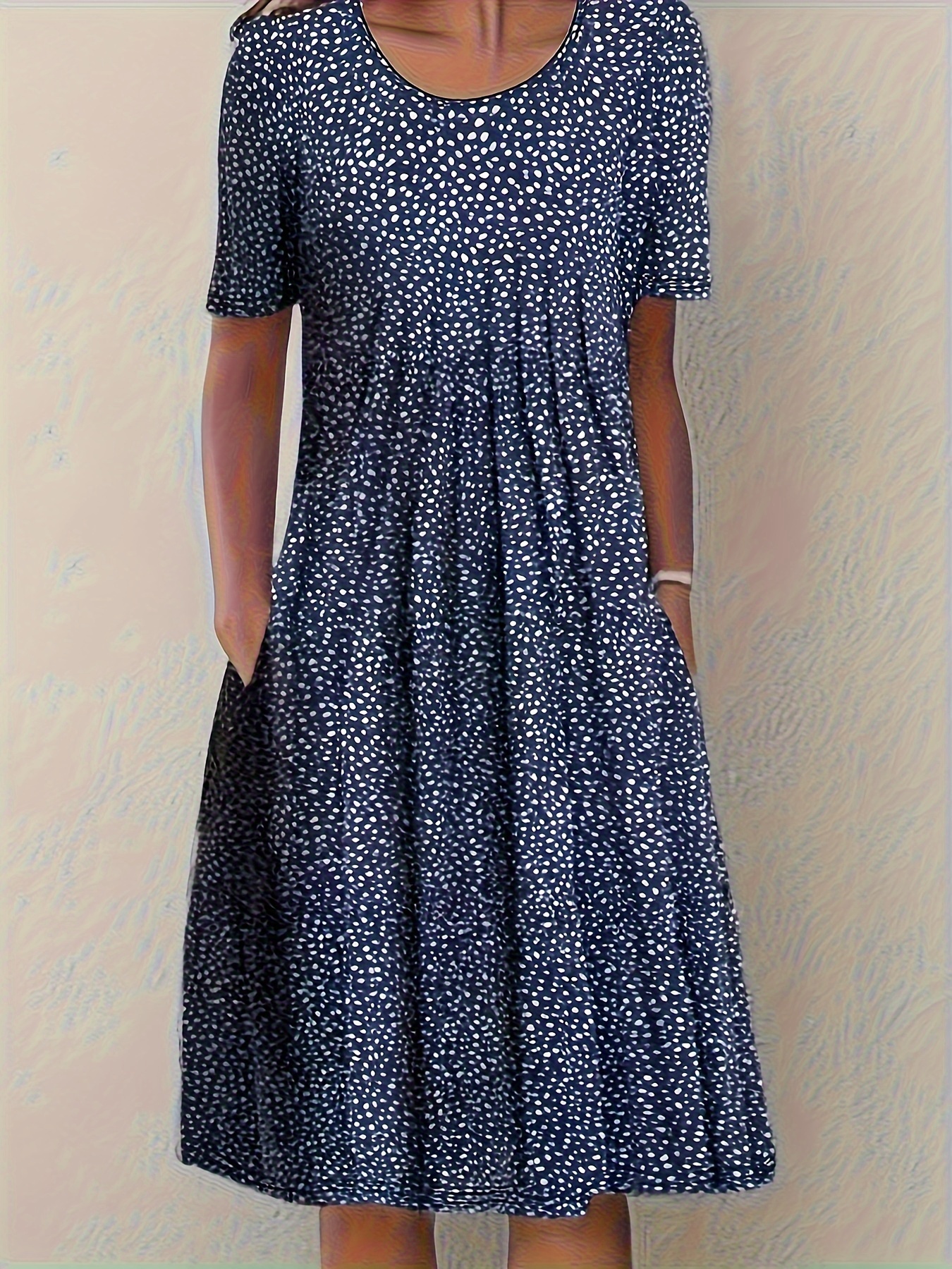 plus size womens navy blue floral   dress short sleeve round neck flared skirt with pockets breathable stretchy fabric machine washable spring summer elegant outfit everyday sophisticated wear   attire lightweight fabric stylish ladies blue 0