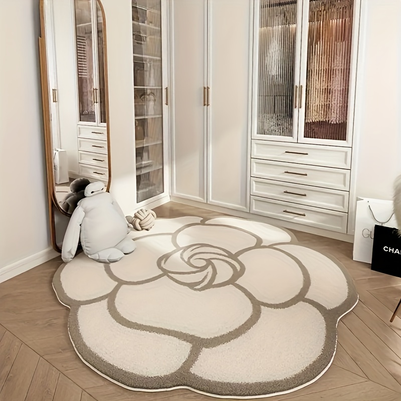 

Fluffy Round Flower Area Rug 1pc, Stain Resistant Non-slip Medium Pile Polyester For Bedroom, Office - Machine Washable, Pvc Backed, Soft Faux Cashmere Thickened Mat For Decor.