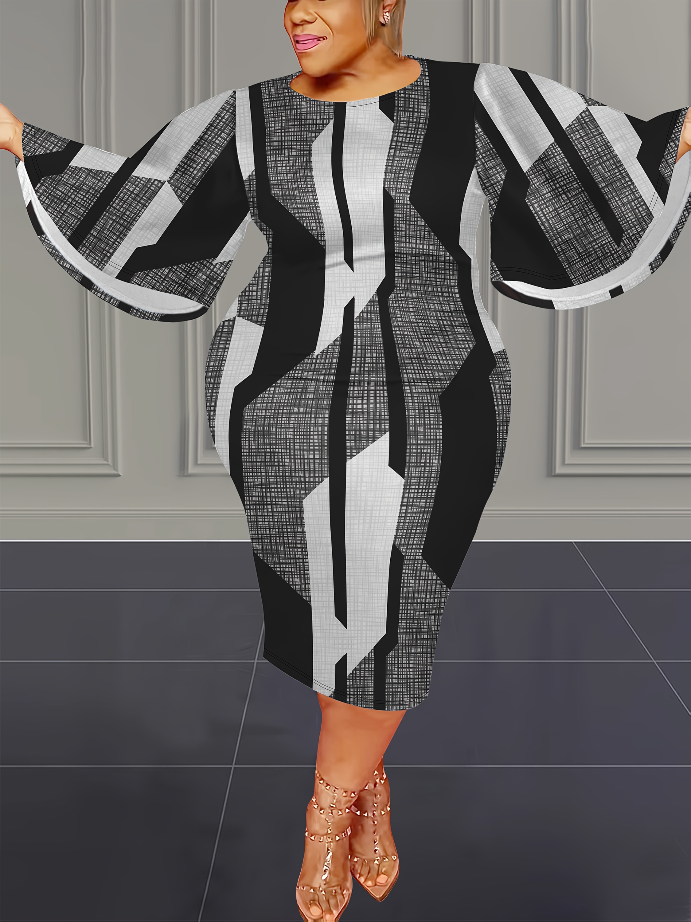 plus size womens elegant bell sleeve dress geometric print - Temu