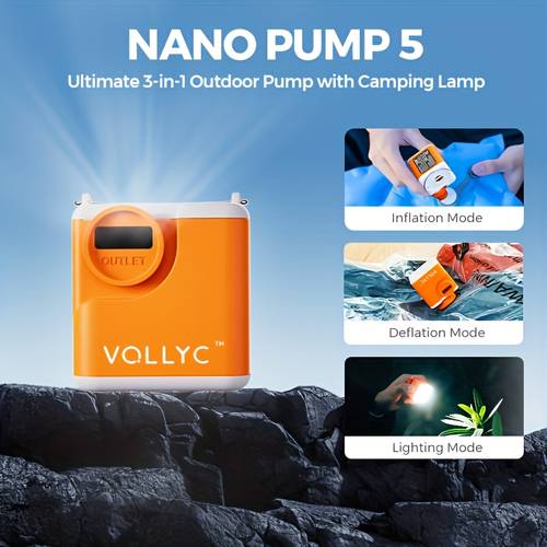 VOLLYC Electric Air Pump, Portable Camping Air Pump with 3-Level Light, Suitable for Air Mattress, Sleeping Pad, Pool Float, Vacuum Bag, Inflatable Air Pump, Powerful Airflow, Lightweight and Portable Design, Long-Lasting Battery, Multiple Modes Adjustable, Camping Gear, Compact Design, Durable Construction, Outdoor Enthusiasts