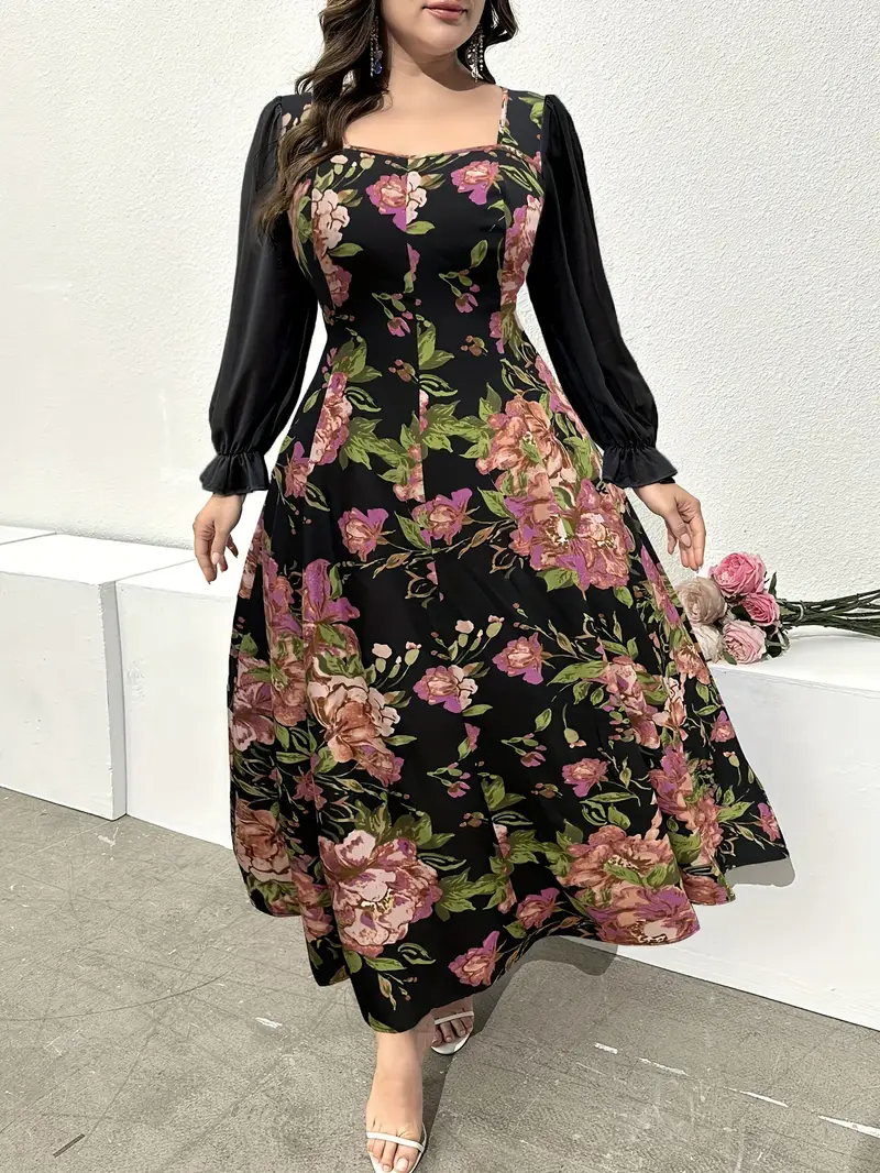 plus size floral neck dress sleeves net panel - Temu Bahrain plus size floral neck dress sleeves net panel - Temu Bahrain
