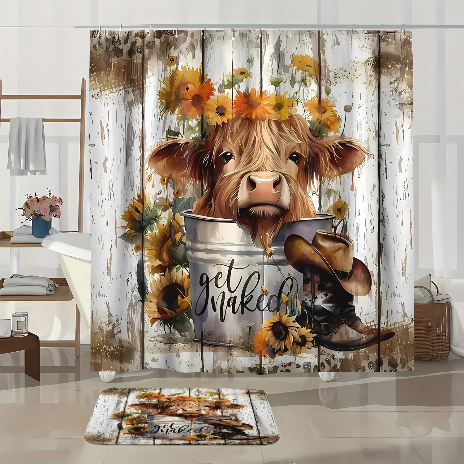 

1/4pcs Highland Cow Shower Curtain And Mat, Waterproof Shower Curtain With 12 Hooks, Non-slip Bathroom Rug, Toilet U-shaped Mat, Toilet Seat Cover, Bathroom Decoration, Bathroom Shower Curtain Set