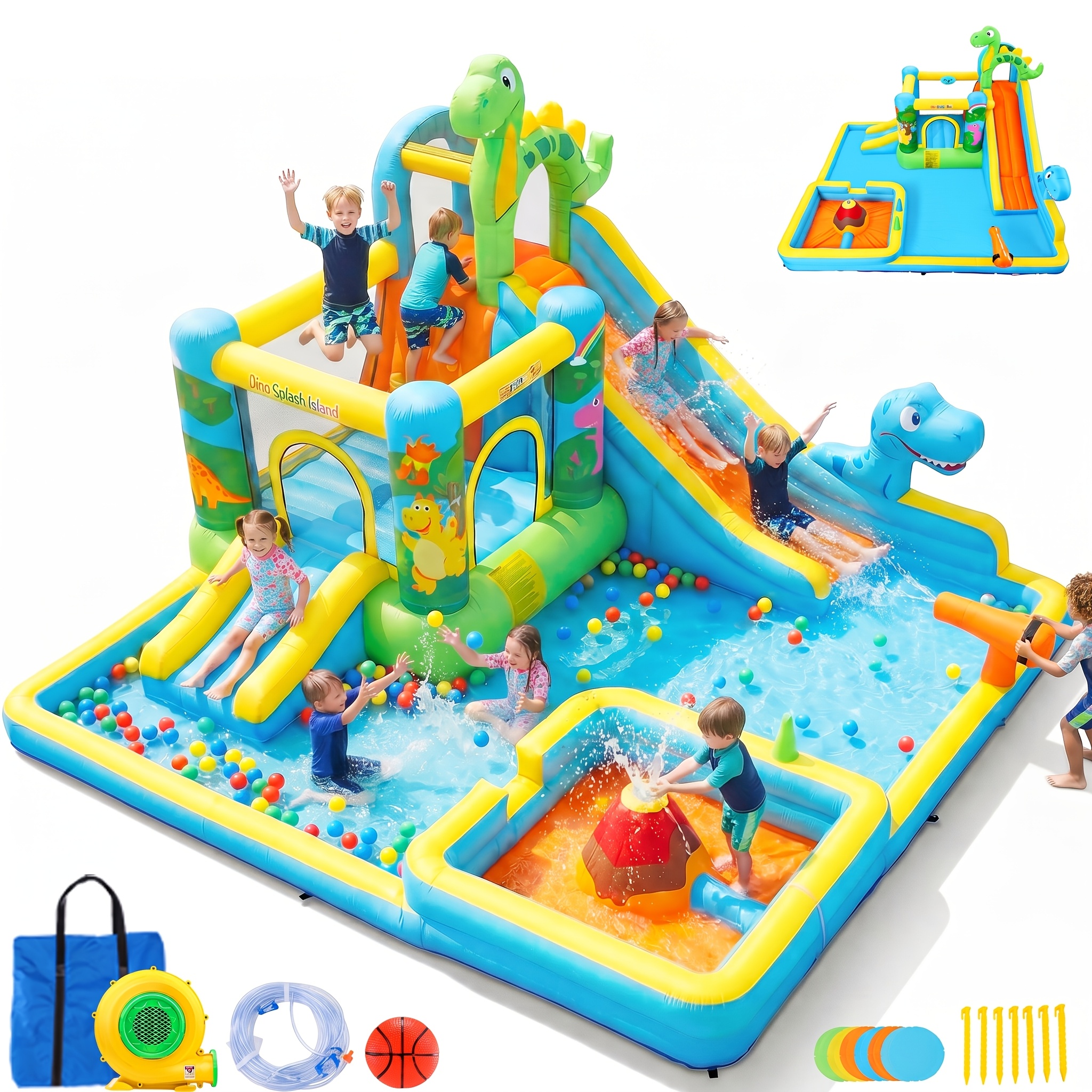 TEMU gonfiabile per bambini, casa esterna con grande piscina a schizzi, irrigatore, cannoni ad acqua, da basket, lancio degli anelli, parete da