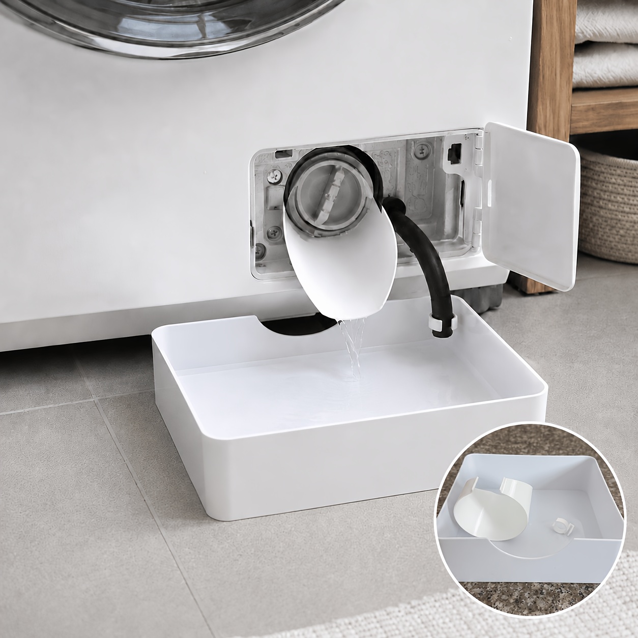 TEMU Washing Machine Drain Tray Set, Low-profile Water Catch Tray With Curved Drain Guide And Hose Clip, Keep Floors Dry, Easy Washer Filter Cleaning