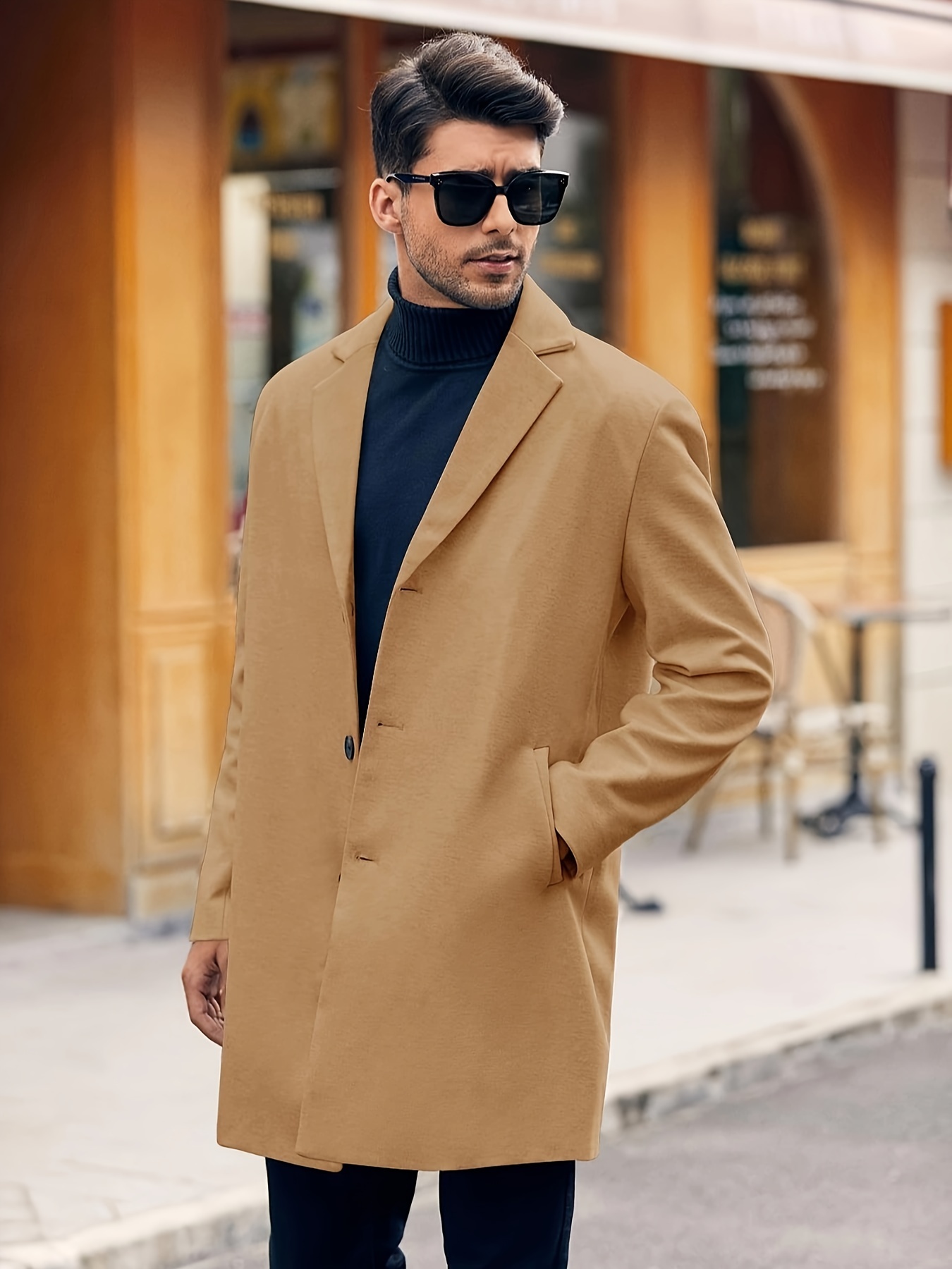 Mens Trench Coat Fit Notched Collar Fall Winter Single Breasted Pea Coat  Warm Soft Overcoat