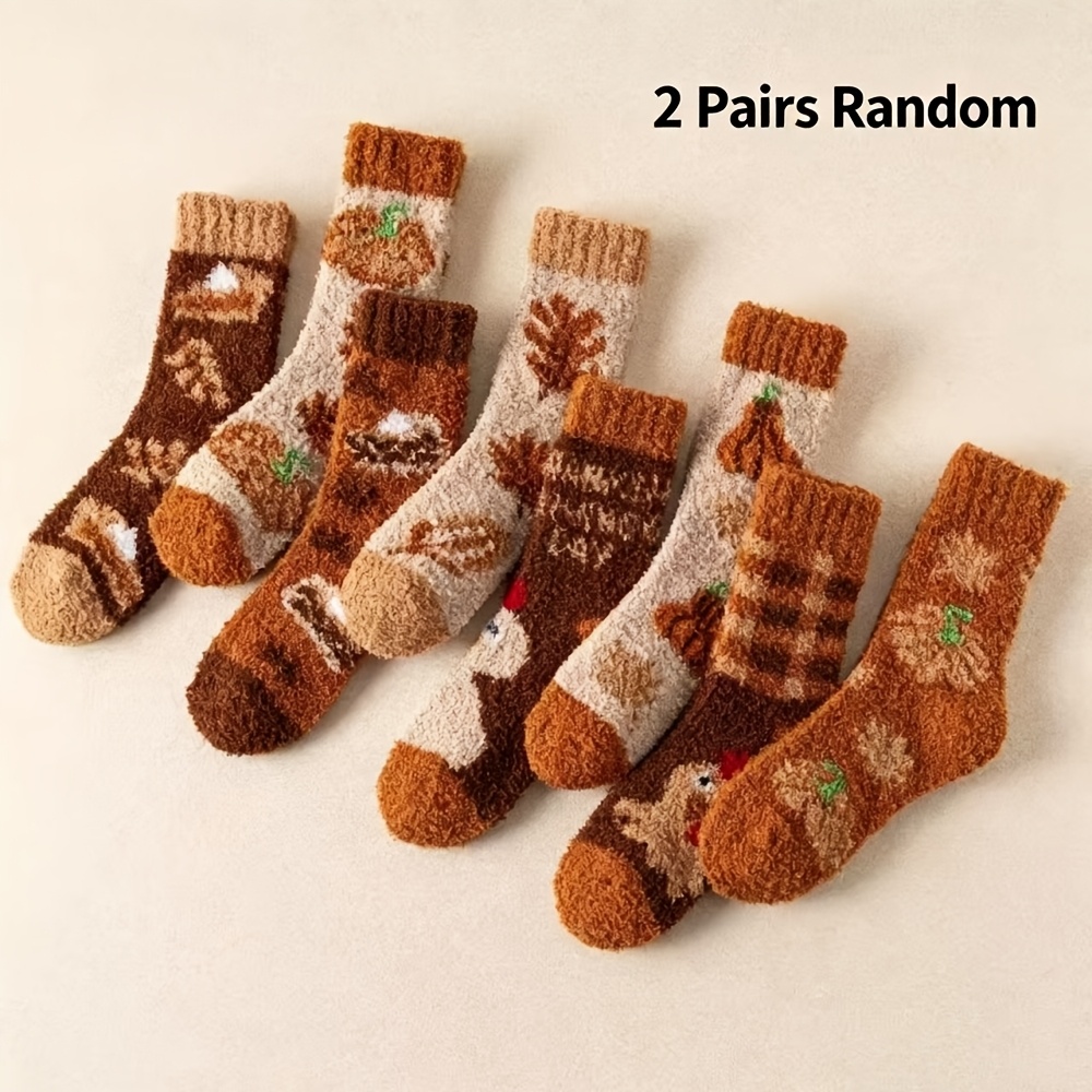 TEMU Random Thanksgiving Coral Fleece Women's Socks, Thickened Thermal Floor Socks