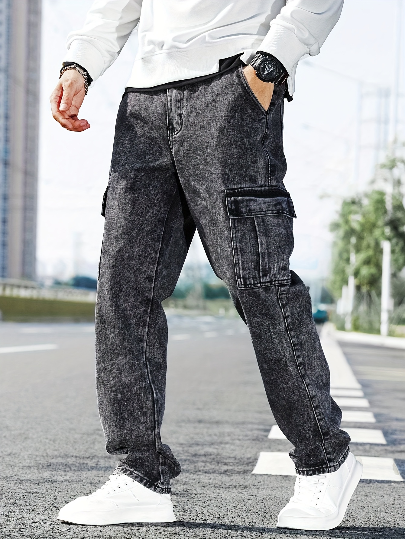 Men'S Casual Cargo Denim Jeans, Mid-Rise with Multiple Pockets, Medium Stretch Straight Leg Pants, All-Season Wear