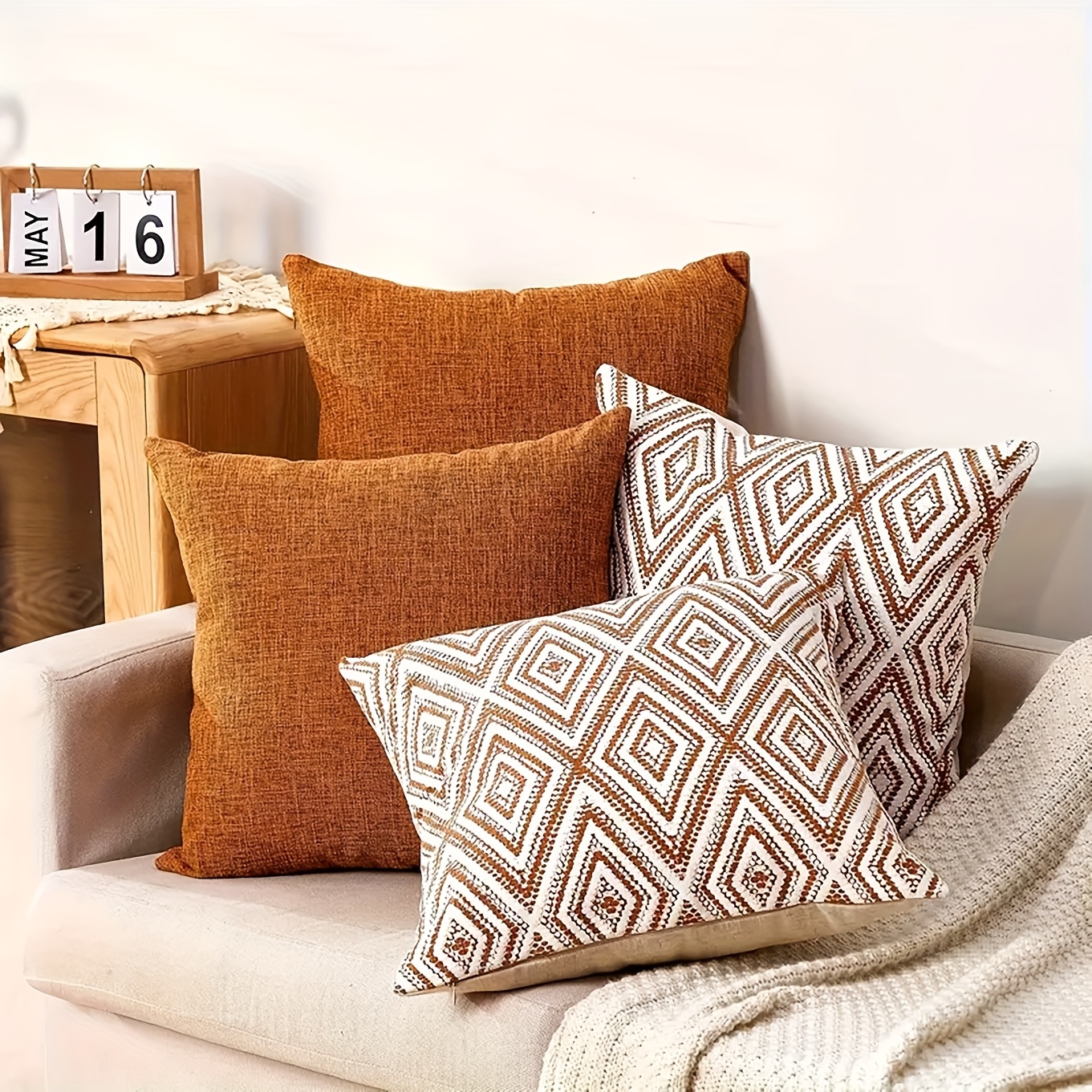 TEMU 4pcs Boho Geometric Throw Pillow Cover Set, 18x18 Inch - Polyester Cushion Cases For Sofa & Living Room Decor, Zip Closure, Machine Washable -