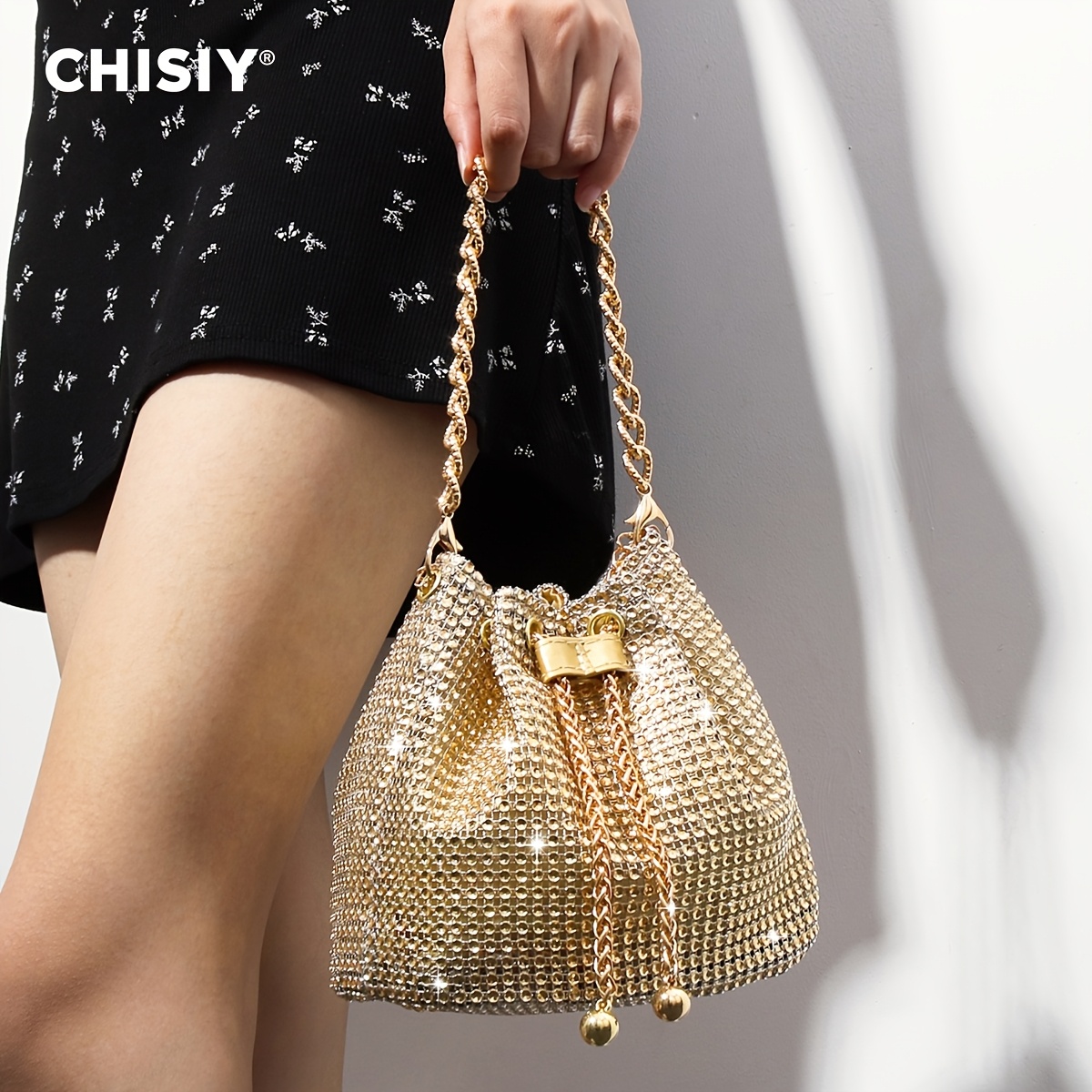 

Chisiy Elegant Glittering Golden Pvc Evening Bag, Solid Color, Lightweight, With Fixed Shoulder Straps, Drawstring Closure, Fabric , Paint Detail, For Parties, Work, Shopping, Travel, And