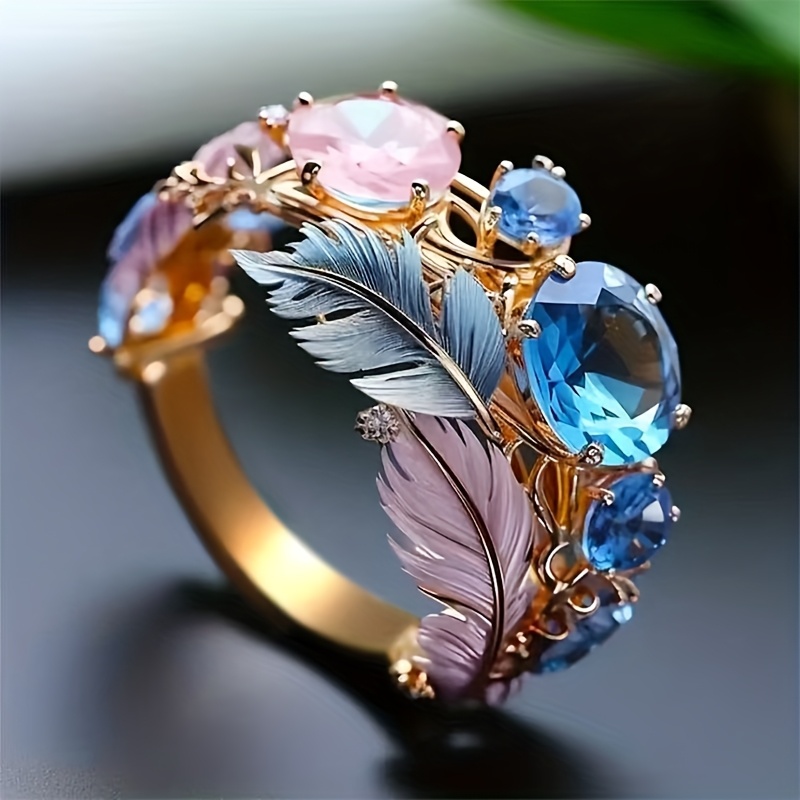 E-shop Vintage-Einlage Mehrfarbiger Synthetischer Zirkonia Weinreben-Feder-Ring für Frauen – Täglich, Casual, , Jubiläum – Einzigartiger