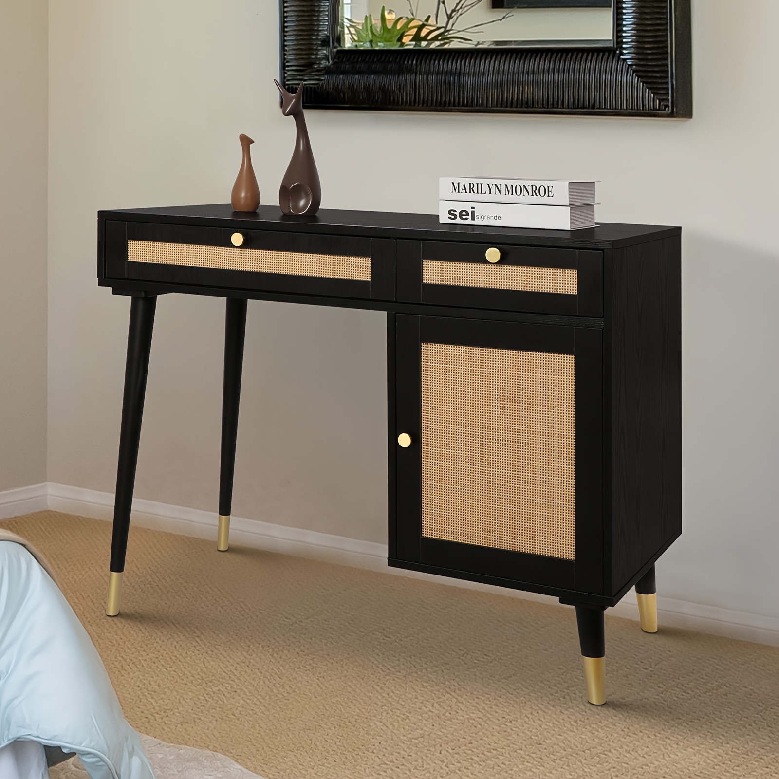Yvsevnr Rattan Vanity Desk WithDrawers and Storage, Black Make up Vanity Table Modern Home Office Desk Computer Desk for Bedroom Study D0005
