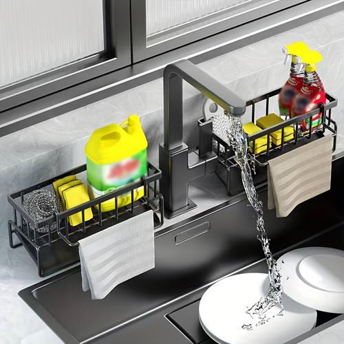 kitchen sink organizer rack with drainage stainless steel sponge holder and sink caddy for brush soap and cloth space saving countertop storage for kitchen accessories