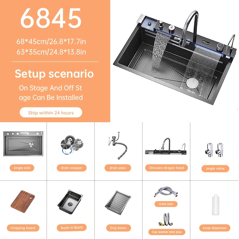 E-shop 75×45 cm Schwarze Multifunktionale Edelstahl Küchenspüle mit Fließregenarmatur, Komplett mit Einzelbecken und allen notwendigen Zubehörteilen,